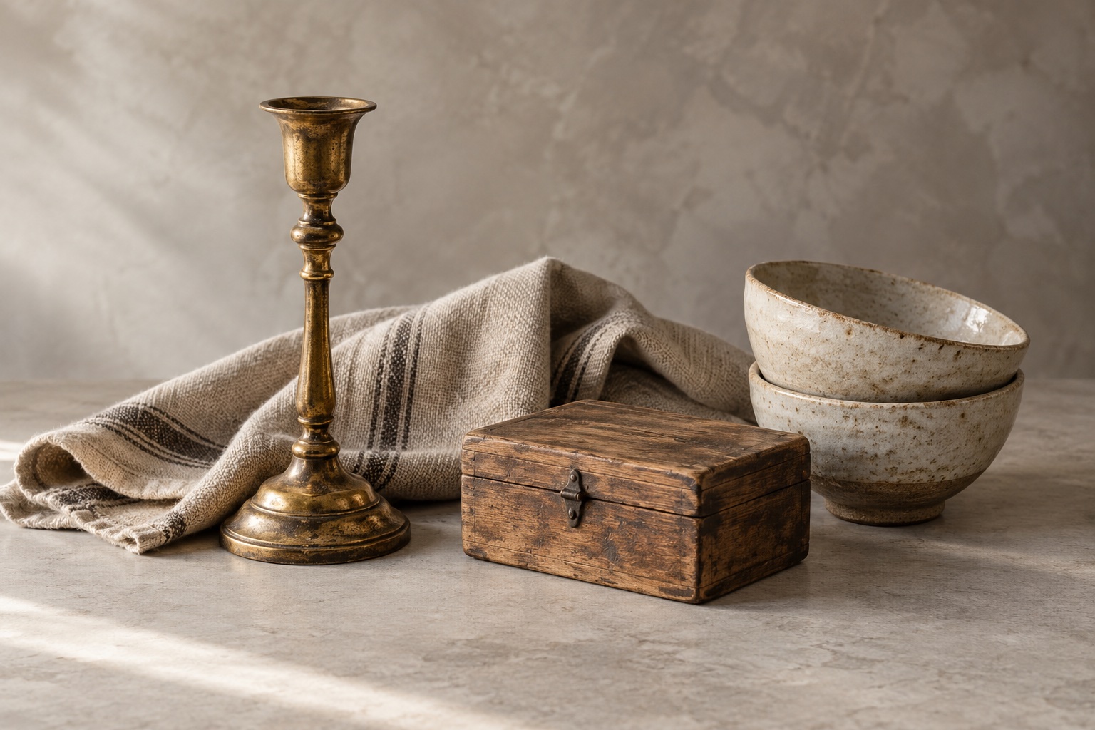 Illustrative studio still life of a brass candlestick, wooden box, linen and ceramic bowls; not shop inventory